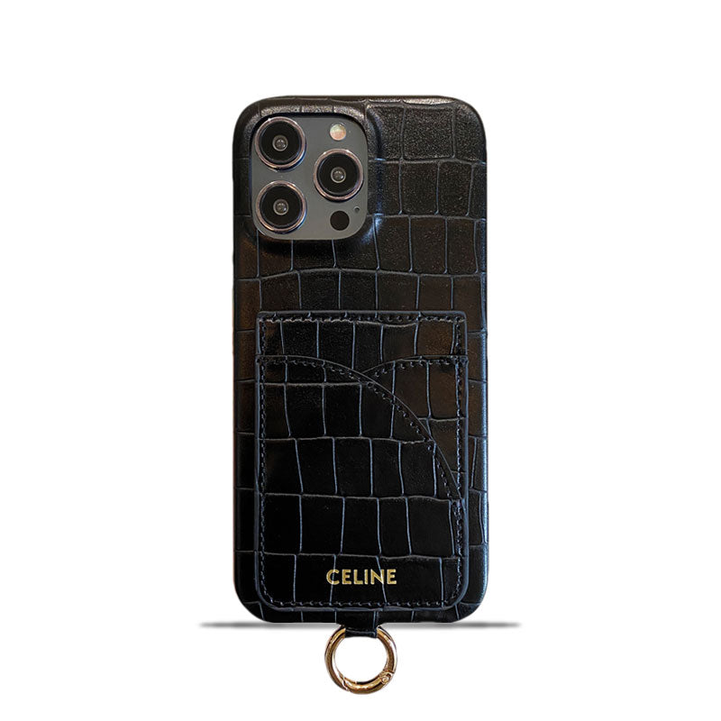 Alligator Print iPhone Case With Card Holder And Strap Blcak -EYP241415