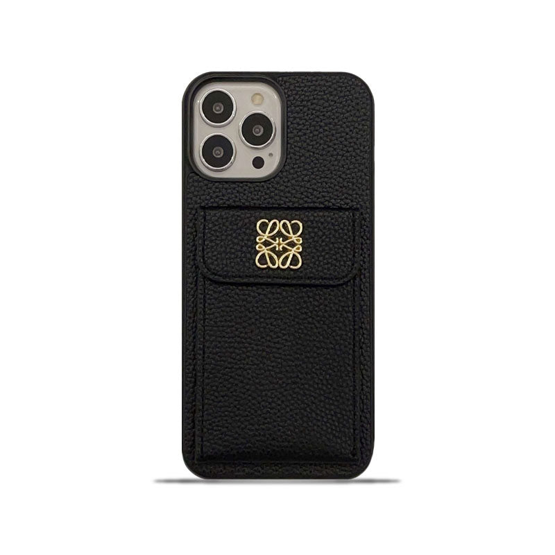 Leather iPhone Case With Card Holder Black-QBK240603
