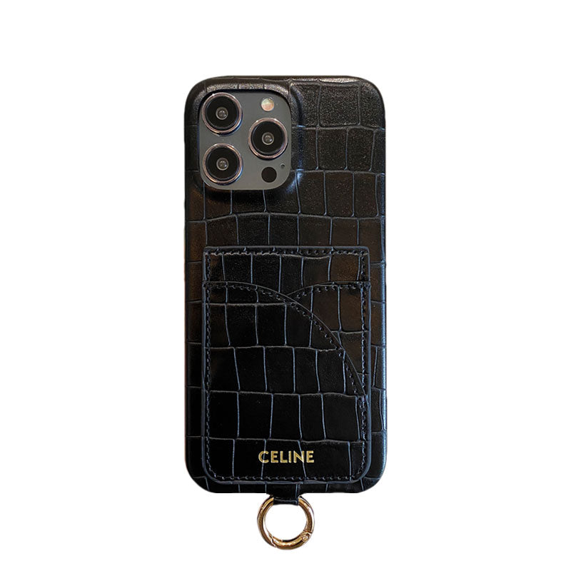 Alligator Print iPhone Case With Card Holder And Strap Blcak -EYP241415