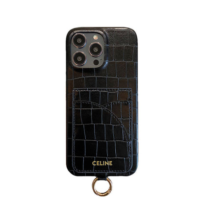 Alligator Print iPhone Case With Card Holder And Strap Blcak -EYP241415