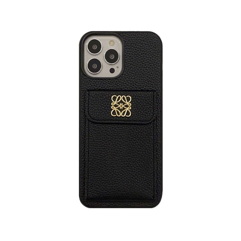 Leather iPhone Case With Card Holder Black-QBK240603