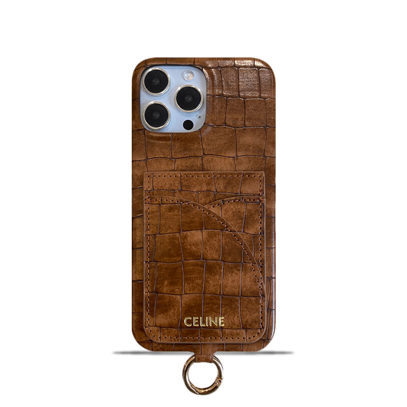 Alligator Print iPhone Case With Card Holder And Strap Brown -EYP241415