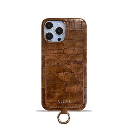 Alligator Print iPhone Case With Card Holder And Strap Brown -EYP241415