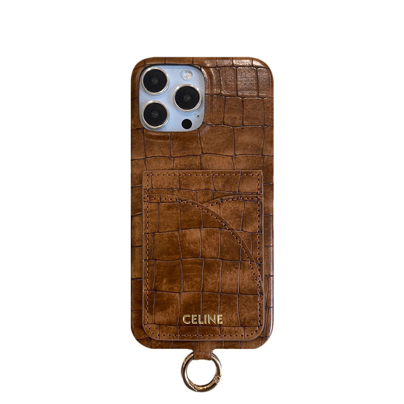 Alligator Print iPhone Case With Card Holder And Strap Blcak -EYP241415
