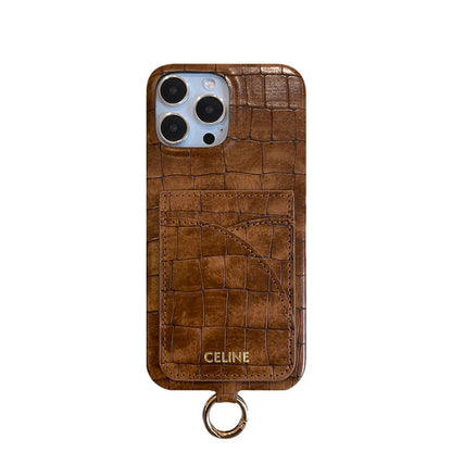 Alligator Print iPhone Case With Card Holder And Strap Brown -EYP241415