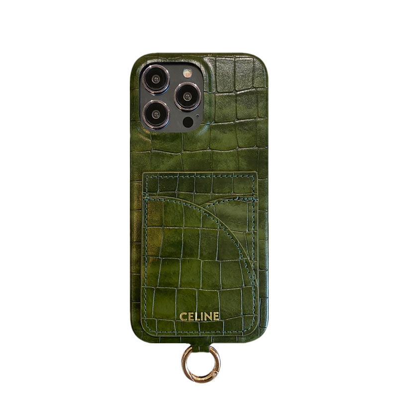 Alligator Print iPhone Case With Card Holder And Strap Blcak -EYP241415