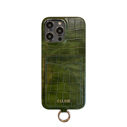 Alligator Print iPhone Case With Card Holder And Strap Blcak -EYP241415