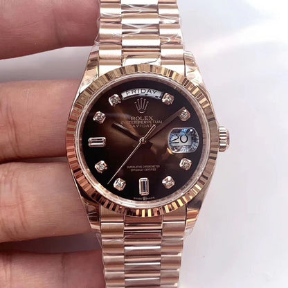 [Super Clone] Regency Weekday 36 mm Weekday Fluted Bezel Brown ombre set with diamonds Dial 128235 4803
