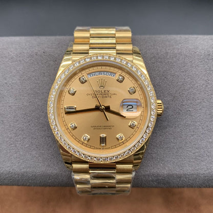 [Super Clone] Regency Weekday 36 mm Weekday Brilliant diamond set Bezel Champagne colour set with diamonds Dial 128348RBR 5029