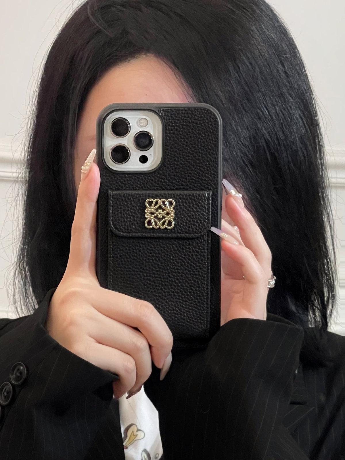 Leather iPhone Case With Card Holder Black-QBK240603