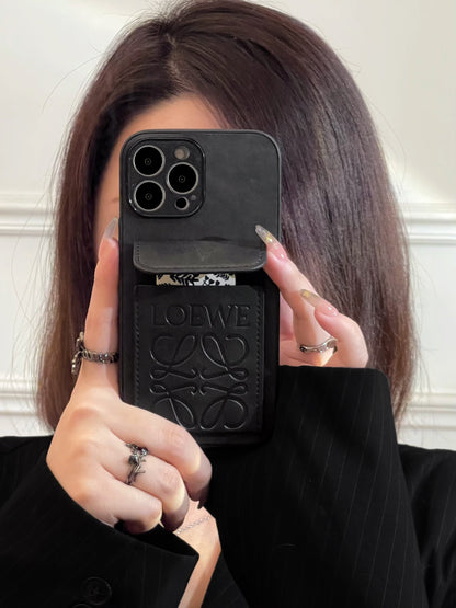 Leather iPhone Case With Card Holder Black-LZP241448