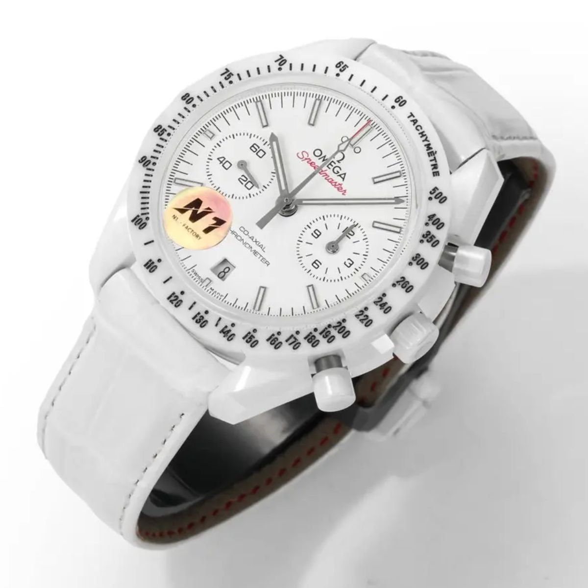 Celestial Chronograph White Side Of The Moon 44mm White Ceramic On Leather Strap White Dial 8444