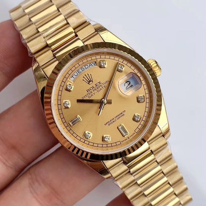 [Super Clone] Regency Weekday 36 mm Weekday Fluted Bezel Champagne colour set with diamonds Dial 128238 2532