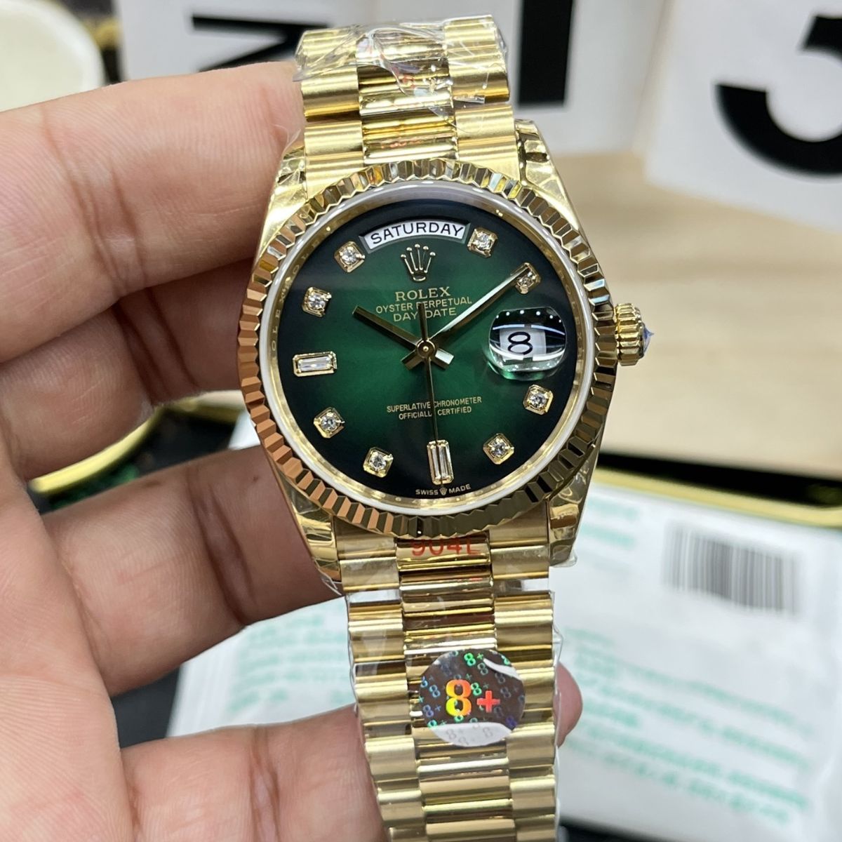 [Super Clone] Regency Weekday 36 mm Weekday Fluted Bezel Blue ombre set with diamonds Dial 128238 7736