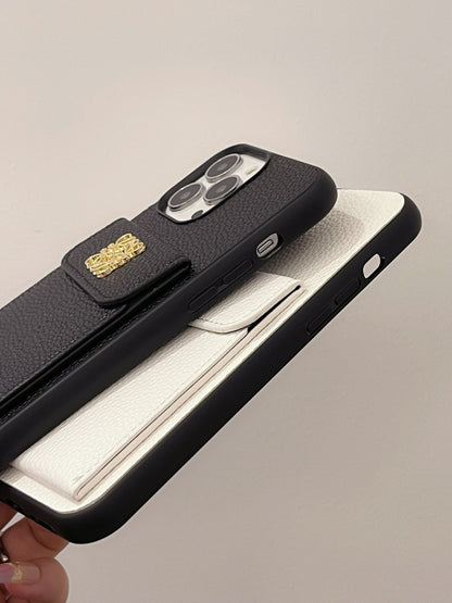 Leather iPhone Case With Card Holder Black-QBK240603