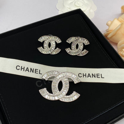 Crystal Baguette Silver Brooch Earrings