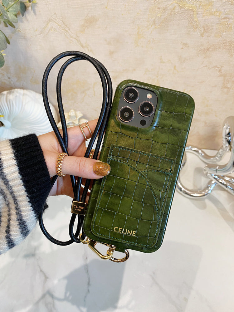 Alligator Print iPhone Case With Card Holder And Strap Green -EYP241415