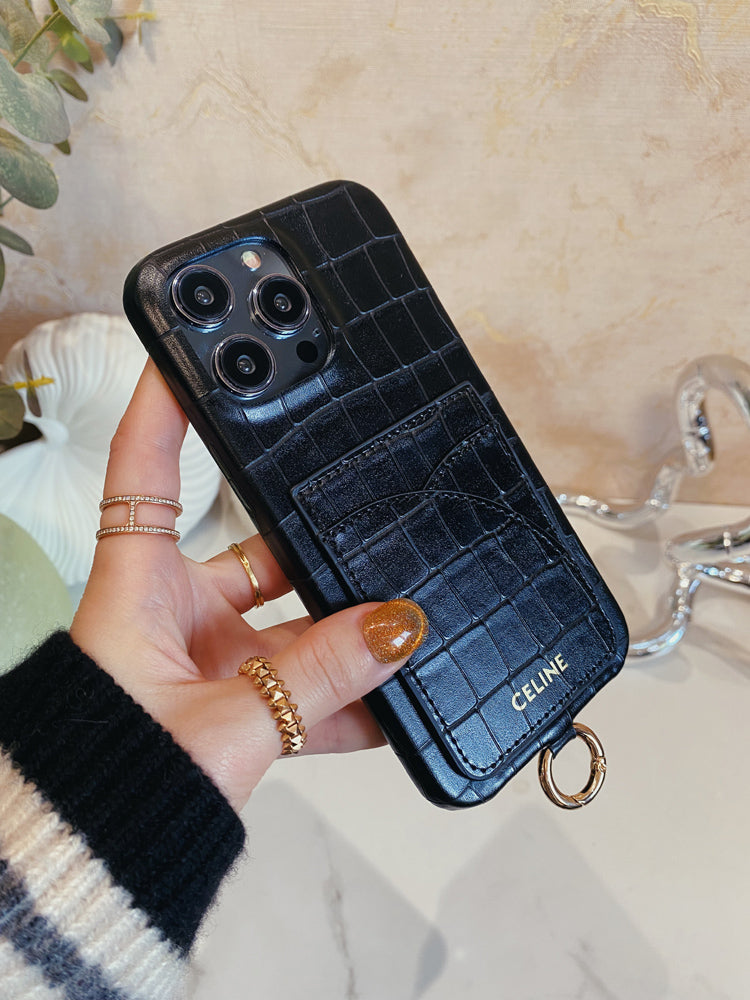Alligator Print iPhone Case With Card Holder And Strap Blcak -EYP241415