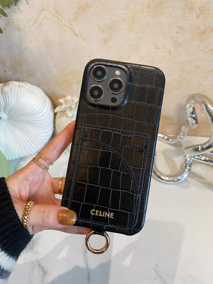 Alligator Print iPhone Case With Card Holder And Strap Blcak -EYP241415