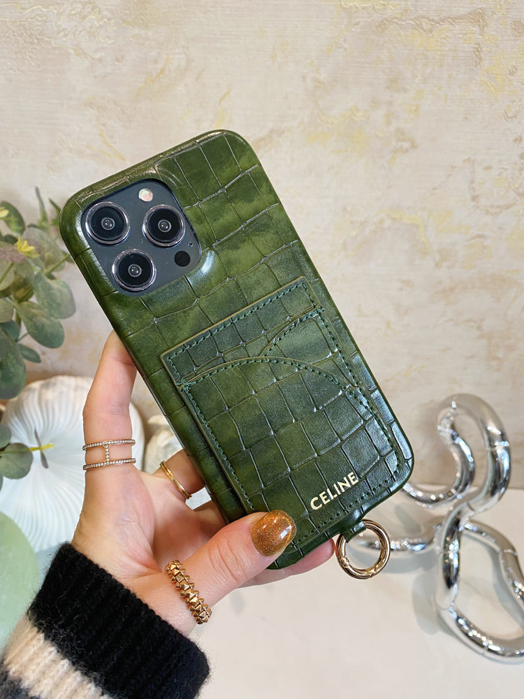 Alligator Print iPhone Case With Card Holder And Strap Green -EYP241415