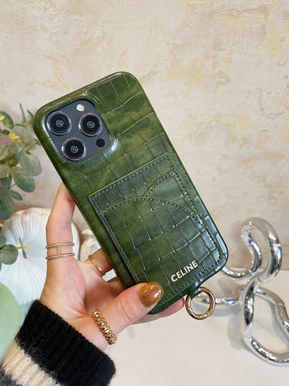 Alligator Print iPhone Case With Card Holder And Strap Green -EYP241415