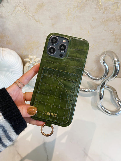 Alligator Print iPhone Case With Card Holder And Strap Green -EYP241415