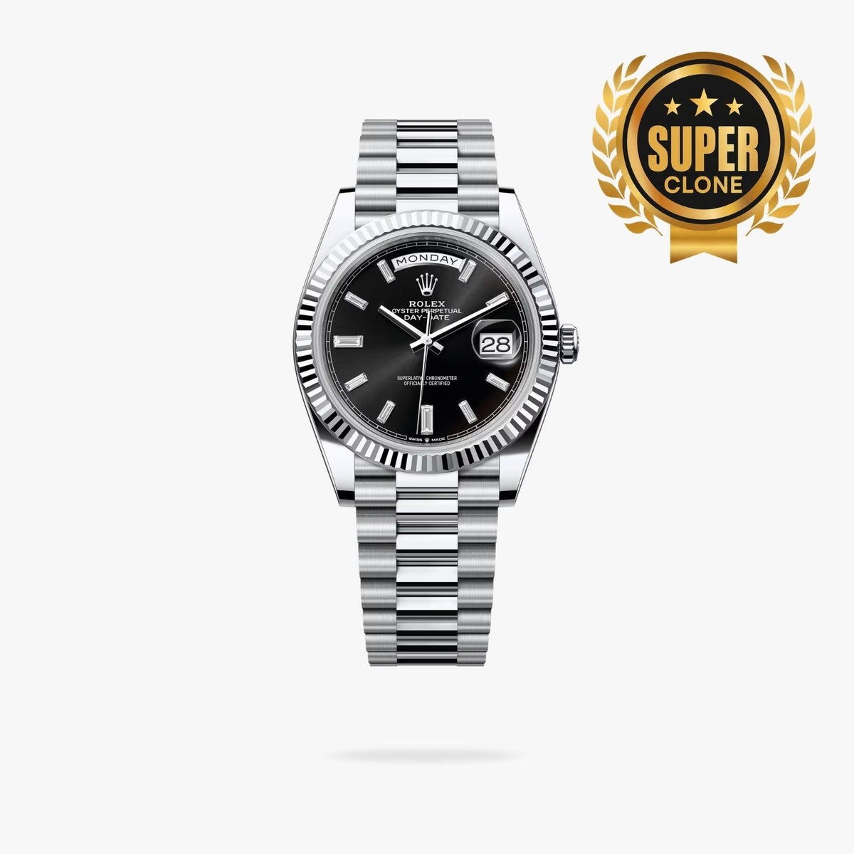 [Super Clone] Regency Weekday 40 mm Weekday Fluted Bezel Bright black set with diamonds Dial 228236 2867