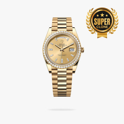 [Super Clone] Regency Weekday 40 mm Weekday Brilliant diamond set Bezel Champagne colour set with diamonds Dial 228348RBR 9136