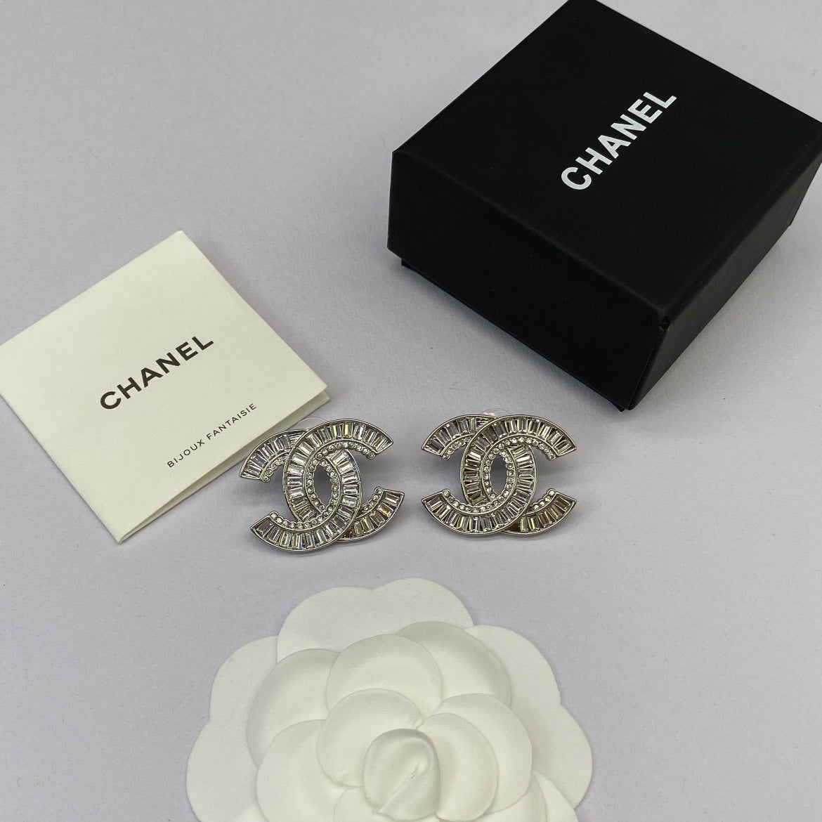 Crystal Baguette Silver Brooch Earrings