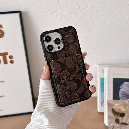 Classic iPhone Case With Card Holder And Strap Dark Brown -SJ240513