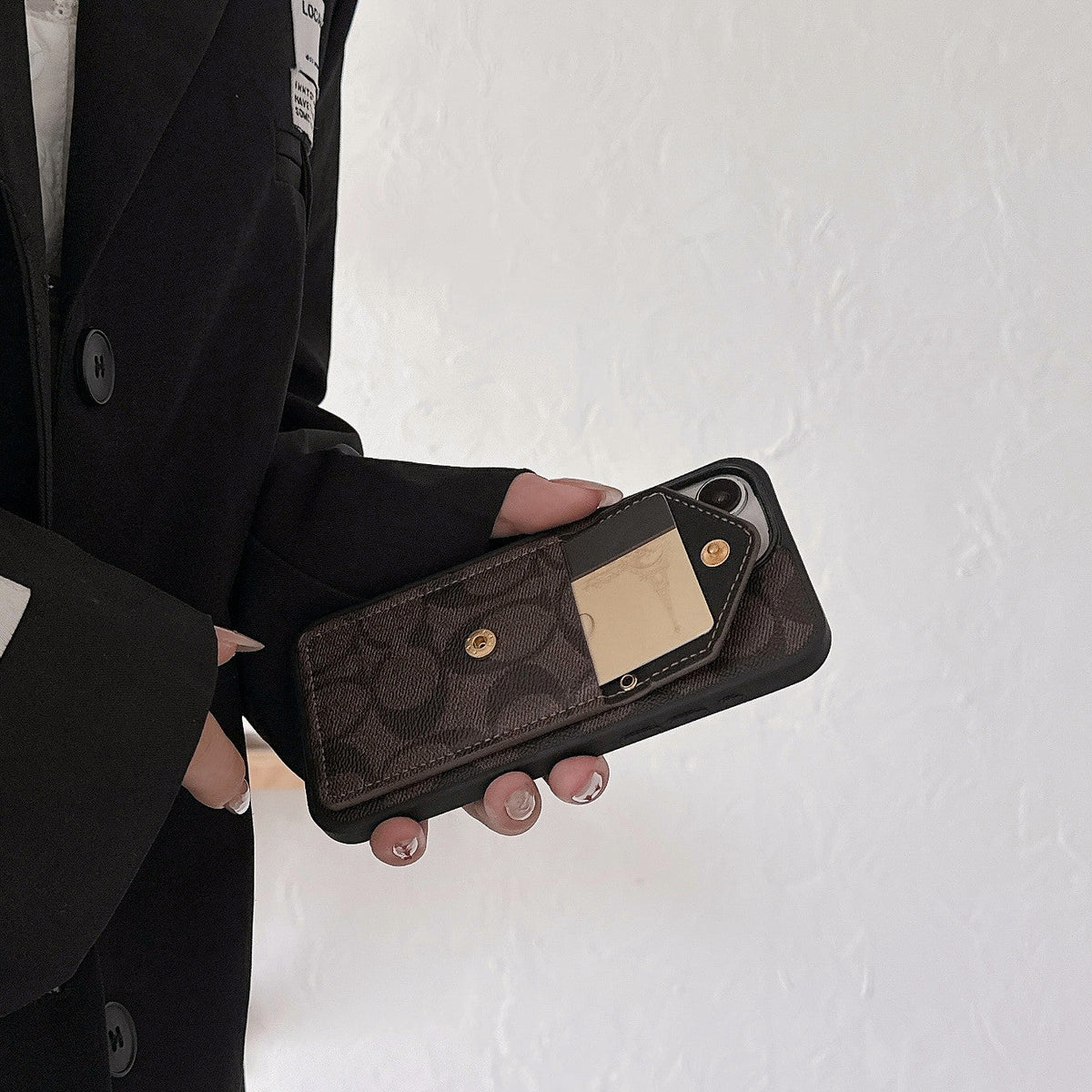 Classic iPhone Case With Card Holder And Strap Dark Brown -SJ240513