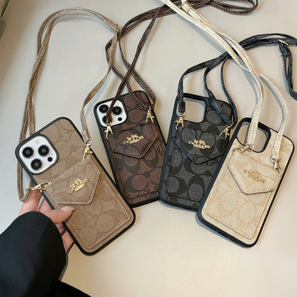 Classic iPhone Case With Card Holder And Strap Dark Brown -SJ240513