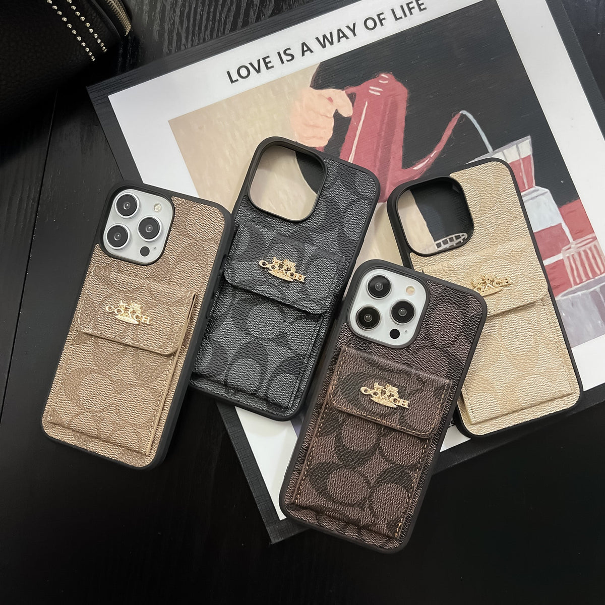 Classic iPhone Case With Card Holder Wallet Dark Brown -SZK240425
