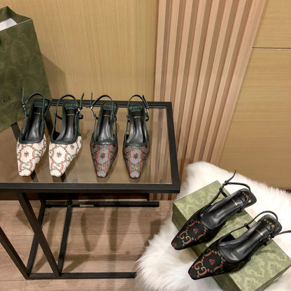 Floral Jacquard Slingback Low Sandals