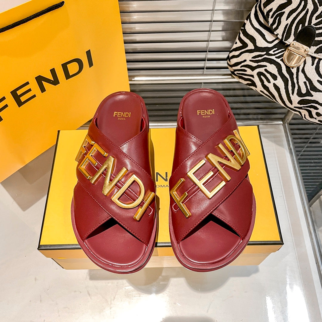 Metal Letters Leather Slippers