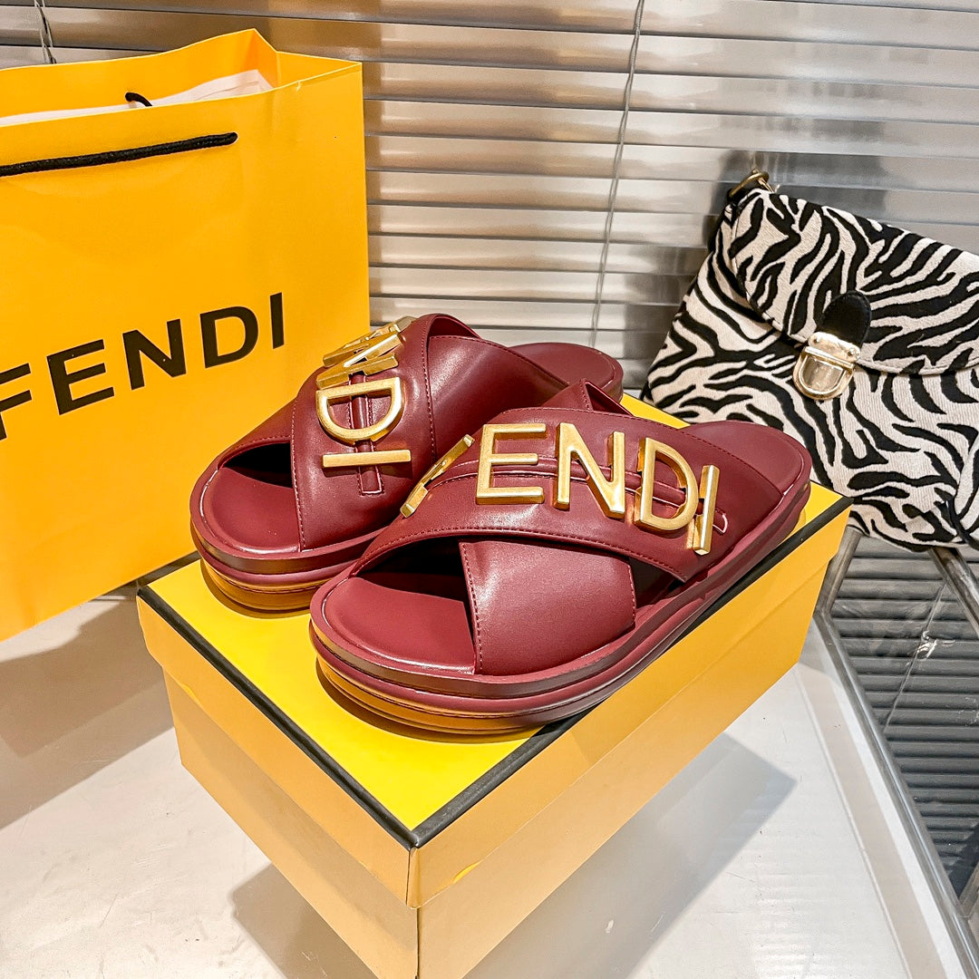 Metal Letters Leather Slippers