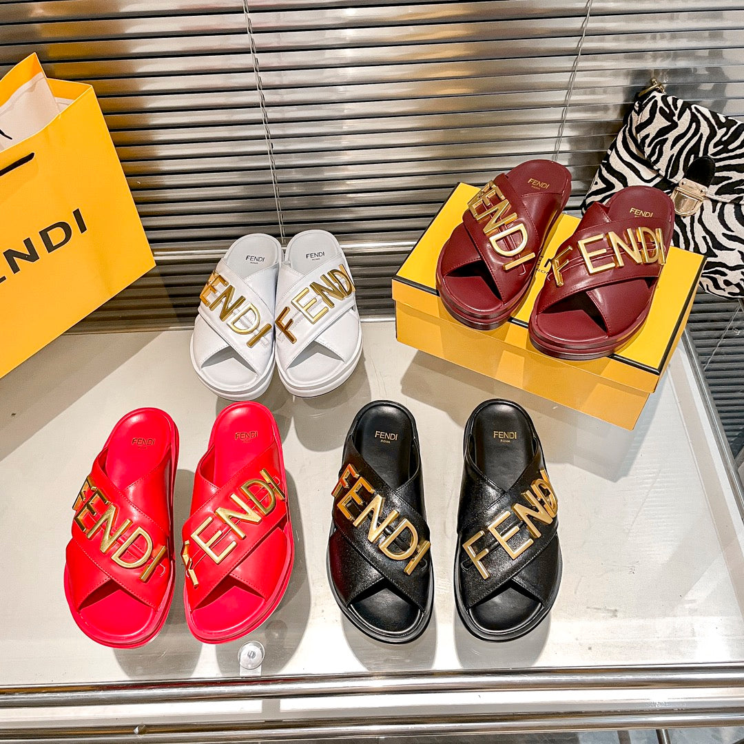 Metal Letters Leather Slippers