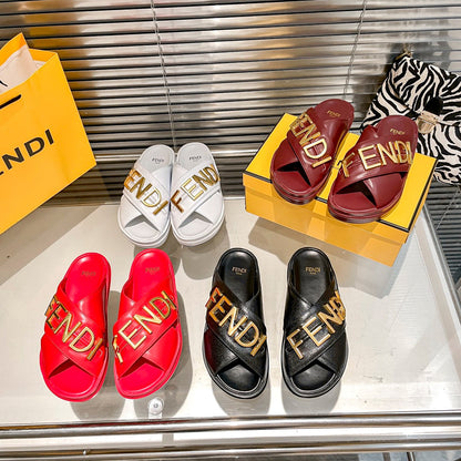 Metal Letters Leather Slippers