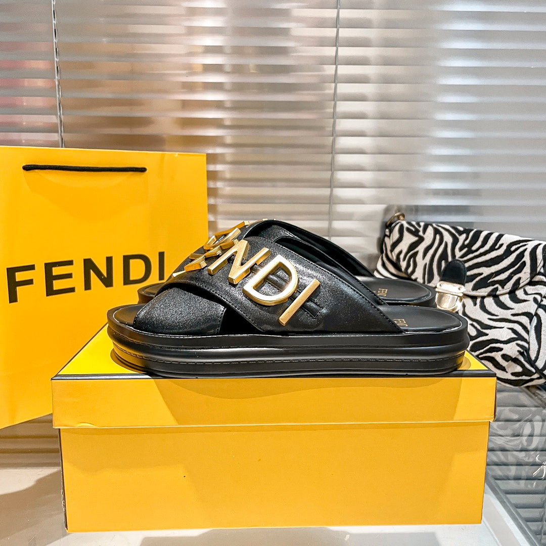 Metal Letters Leather Slippers