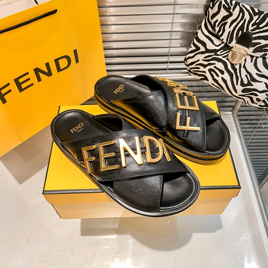 Metal Letters Leather Slippers
