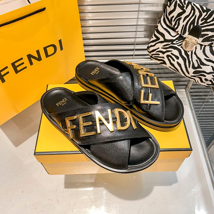 Metal Letters Leather Slippers