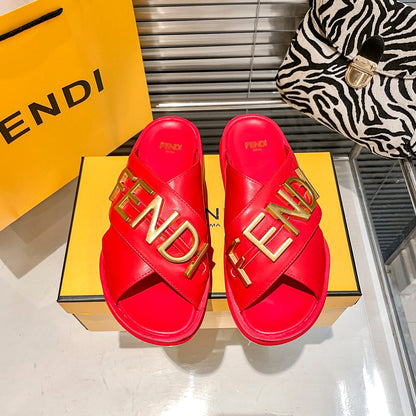 Metal Letters Leather Slippers