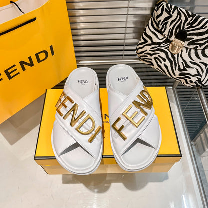 Metal Letters Leather Slippers