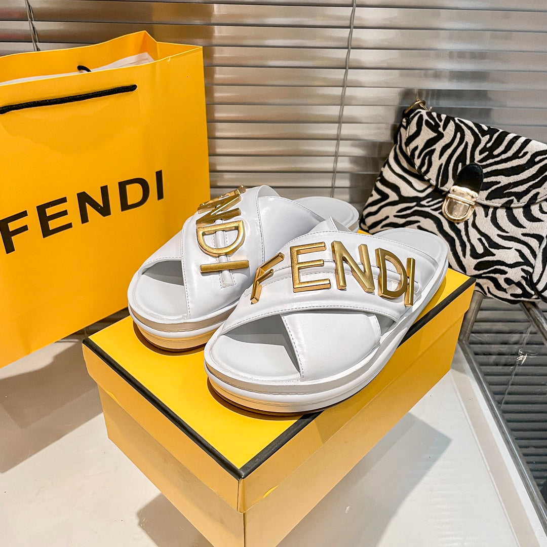 Metal Letters Leather Slippers